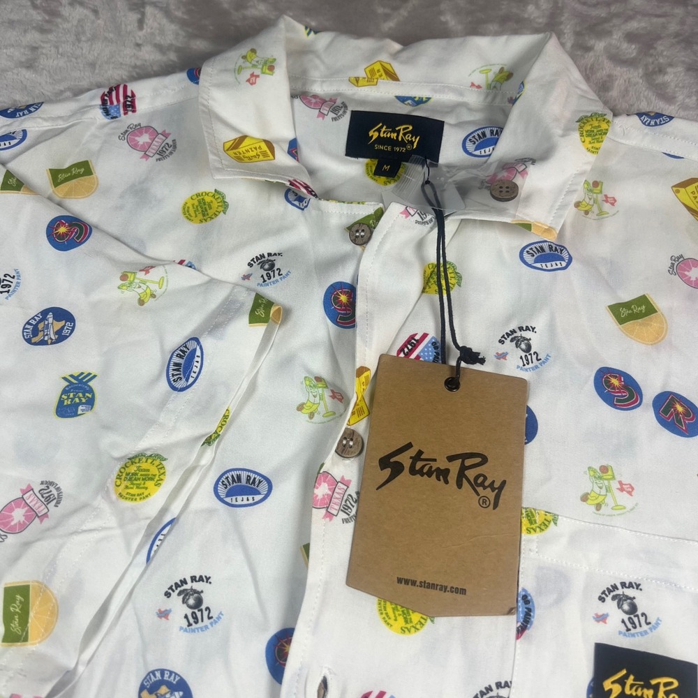 NWT Stan Ray Men's Medium Tour Shirt White Fruits AOP Rayon Short Sleeve Button